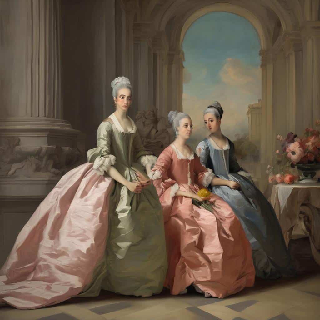 Ανάλυση τεχνοτροπιών και καλλιτεχνικών στυλ σε ρομαντικό πορτρέτο με elegant γυναικείες μορφές και κλασική αρχιτεκτονική.