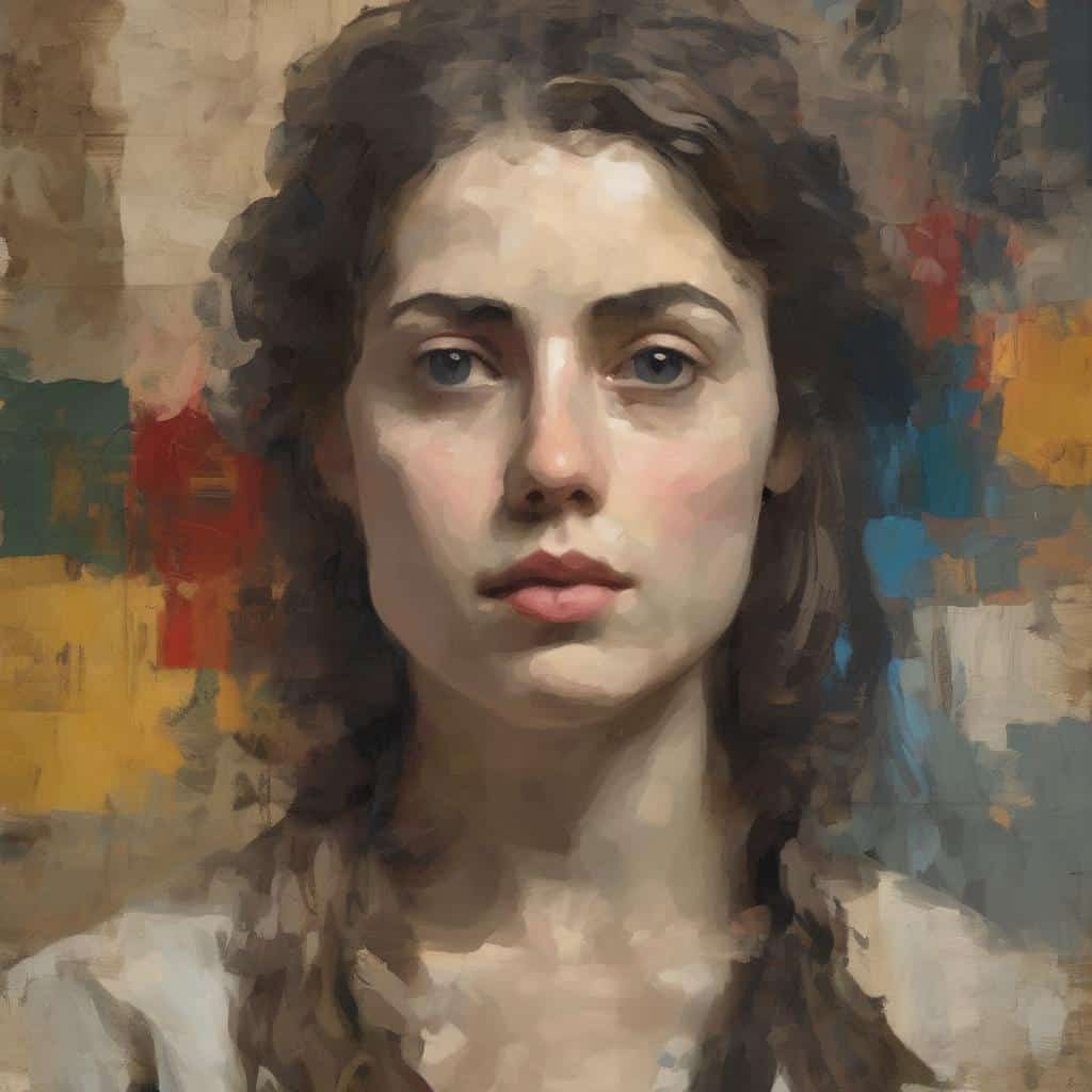 Φωτογραφία πορτρέτου γυναίκας σε ψηφιακό ζωγραφικό στυλ, με έμφαση σε τεχνοτροπίες και καλλιτεχνικά στυλ.