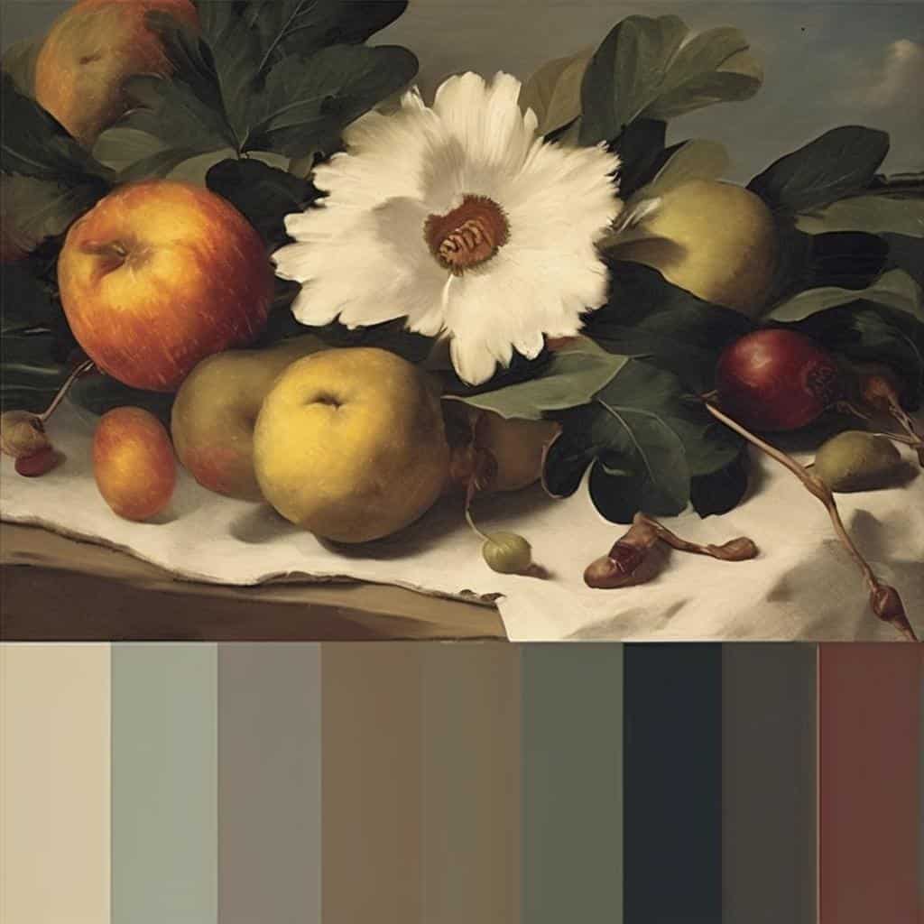 Φρούτα σε ζωγραφική ανάλυση τεχνοτροπιών και καλλιτεχνικών στυλ, καρποί και ανθοφόρα σε φωτεινή σύνθεση.