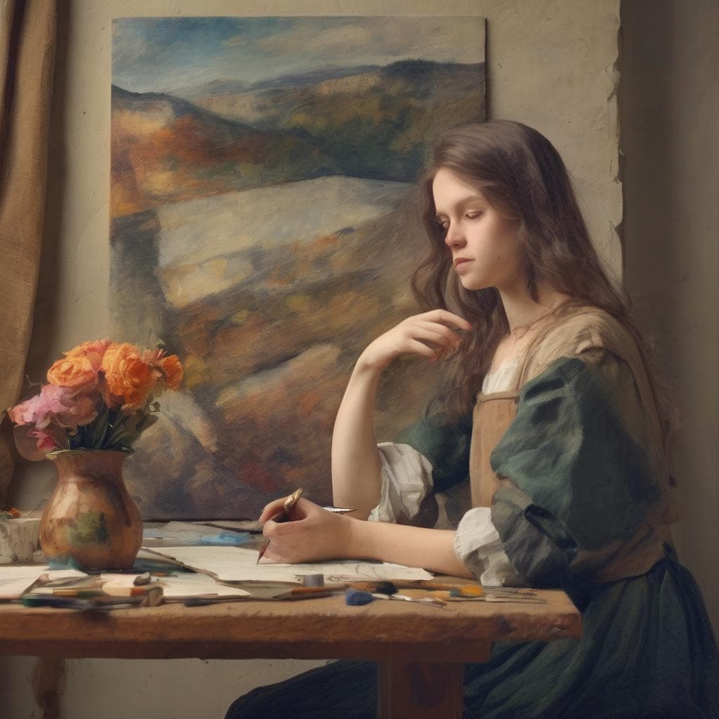 Ζωγράφος γυναίκα σε στούντιο με πίνακα και εργαλεία ζωγραφικής, καλλιτεχνική δημιουργία, ανάλυση τεχνοτροπιών.