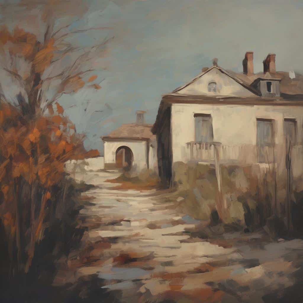 Γεωργική ατμόσφαιρα, ρετροσπεκτική τεχνοτροπία, καλλιτεχνικό στυλ, τοπίο, παραδοσιακή κατοικία, οικεία αισθητική, ζωγραφική στην ύπαιθρο, ανοιξιάτικο τοπίο, καλλιτεχνική αποτύπωση, ανάλυση τεχνοτροπιών και στυλ τέχνης.