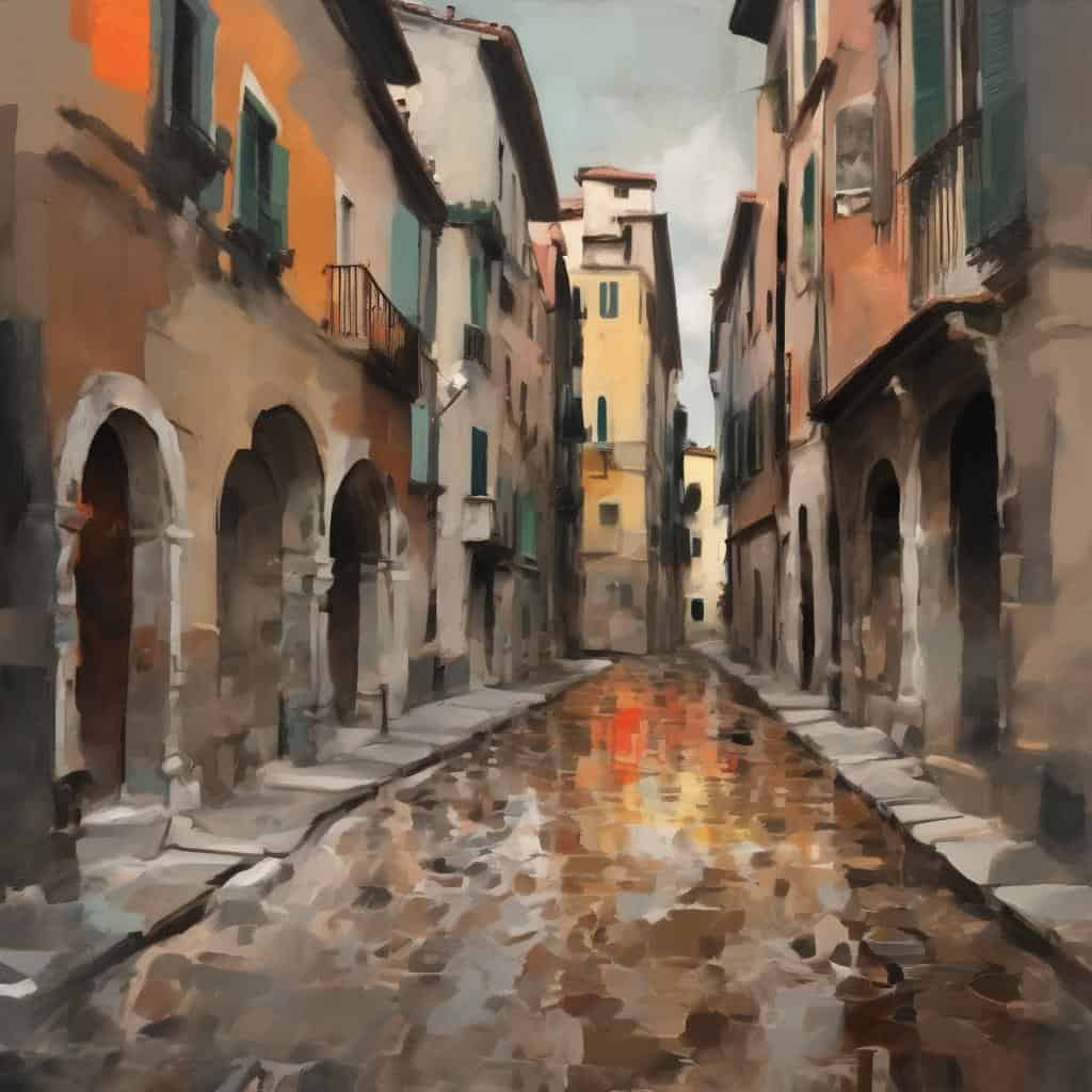 ρεαλιστικό τοπίο κατοικιών σε μεσαιωνική πόλη, ανάλυση τεχνοτροπιών και καλλιτεχνικών στυλ.